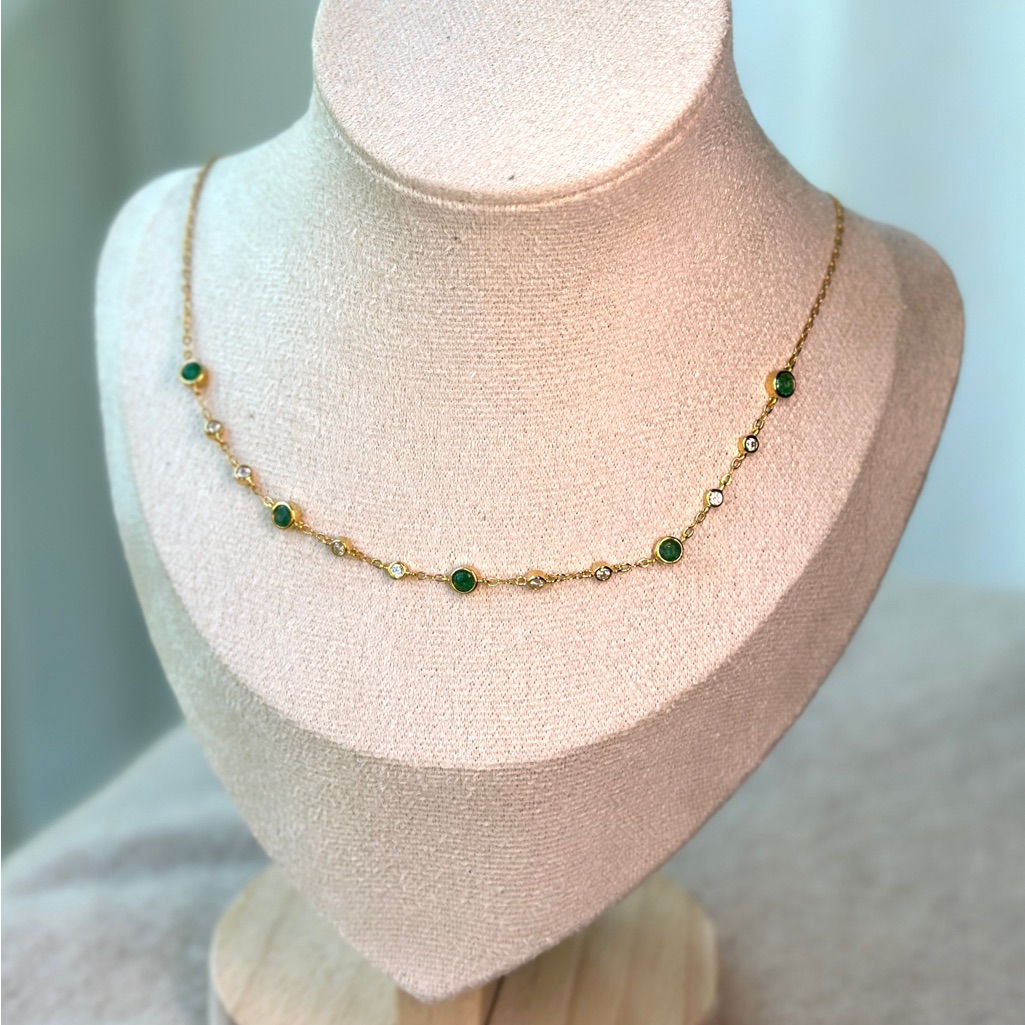 Natural Emerald Station Necklace 18k Over Sterling Silver